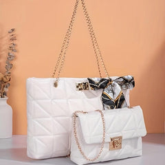 Argyle Pattern Bag Set Quilted Tote & Chain Shoulder Bag With Scarf