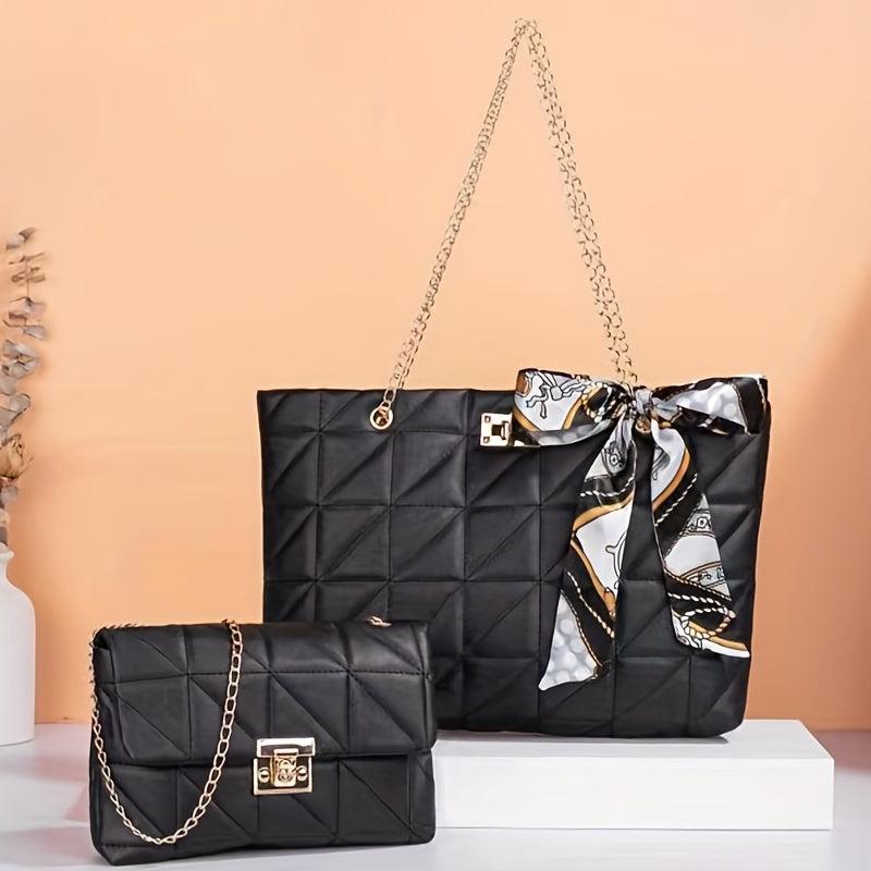 Argyle Pattern Bag Set Quilted Tote & Chain Shoulder Bag With Scarf
