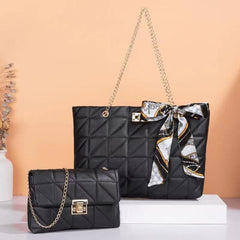 Argyle Pattern Bag Set Quilted Tote & Chain Shoulder Bag With Scarf