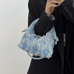 Vintage Denim Underarm Bag Turn Lock Satchel