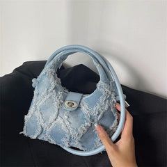 Vintage Denim Underarm Bag Turn Lock Satchel