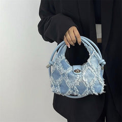 Vintage Denim Underarm Bag Turn Lock Satchel
