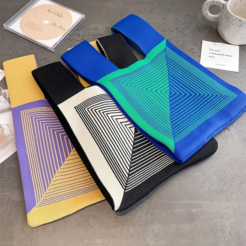Colorblock Stripes Crochet Wrist Bag Tote Handbag