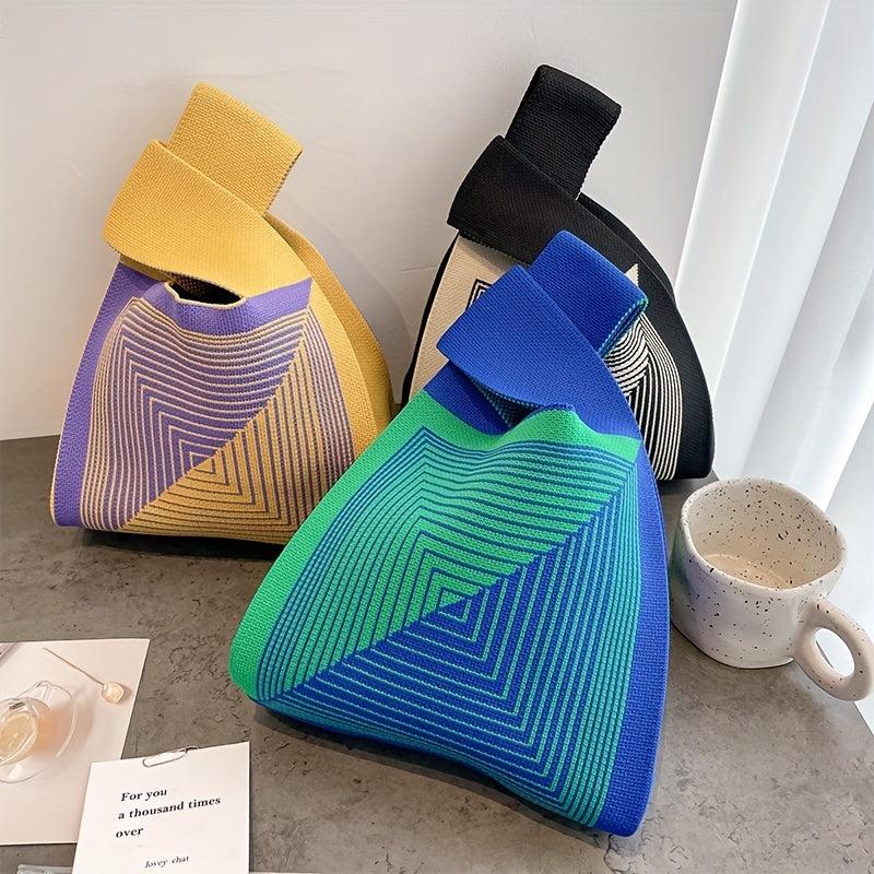 Colorblock Stripes Crochet Wrist Bag Tote Handbag