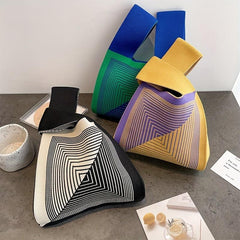 Colorblock Stripes Crochet Wrist Bag Tote Handbag