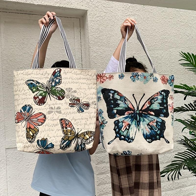 Butterfly Pattern Canvas Tote Bag Ethnic Style Shoulder Bag Large Capacity