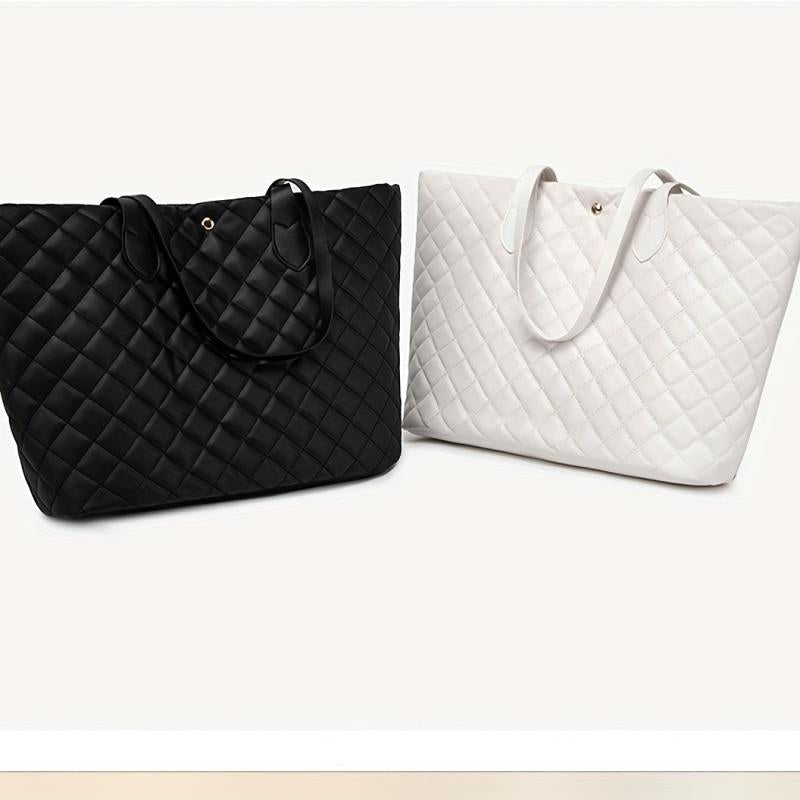 Argyle Quilted Tote Bag Large Capacity Stylish PU Leather Handbag