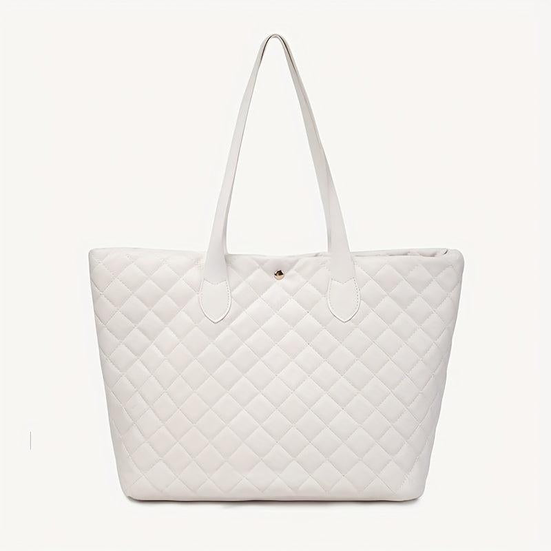 Argyle Quilted Tote Bag Large Capacity Stylish PU Leather Handbag