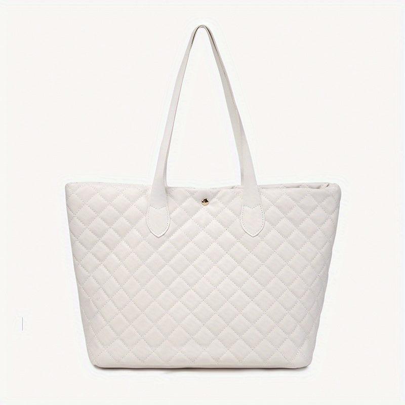 Argyle Quilted Tote Bag Large Capacity Stylish PU Leather Handbag