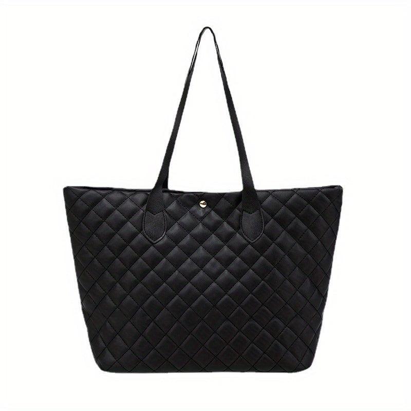 Argyle Quilted Tote Bag Large Capacity Stylish PU Leather Handbag