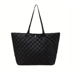 Argyle Quilted Tote Bag Large Capacity Stylish PU Leather Handbag
