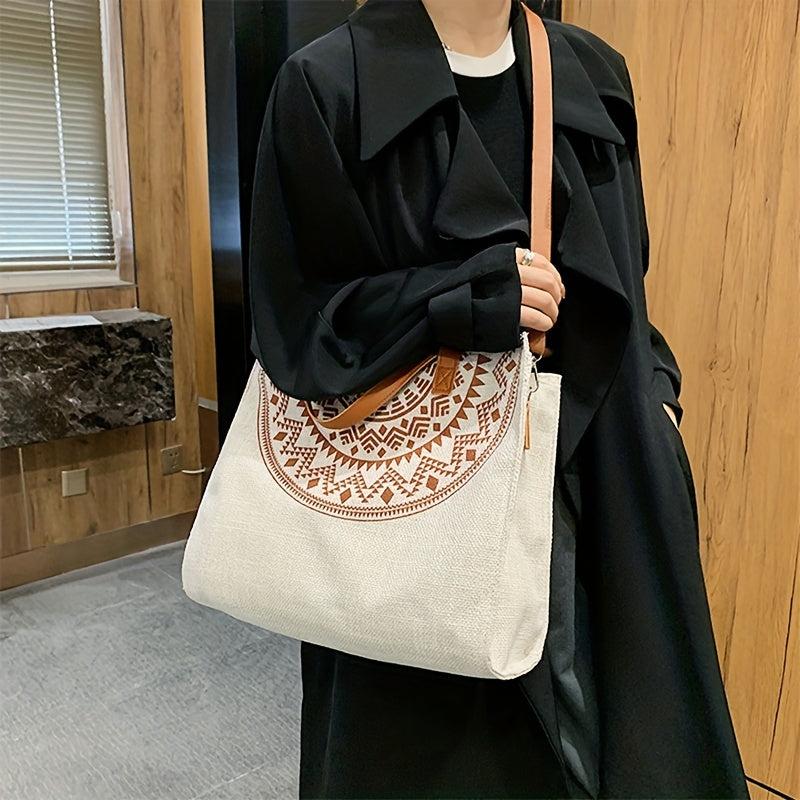 Vintage Pattern Tote Bag Zipper Satchel Canvas Bag For Work
