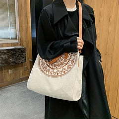 Vintage Pattern Tote Bag Zipper Satchel Canvas Bag For Work