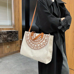 Vintage Pattern Tote Bag Zipper Satchel Canvas Bag For Work