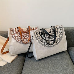 Vintage Pattern Tote Bag Zipper Satchel Canvas Bag For Work