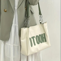 Vintage Letter Print Tote Bag Large Capacity Retro Handbag