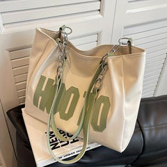 Vintage Letter Print Tote Bag Large Capacity Retro Handbag