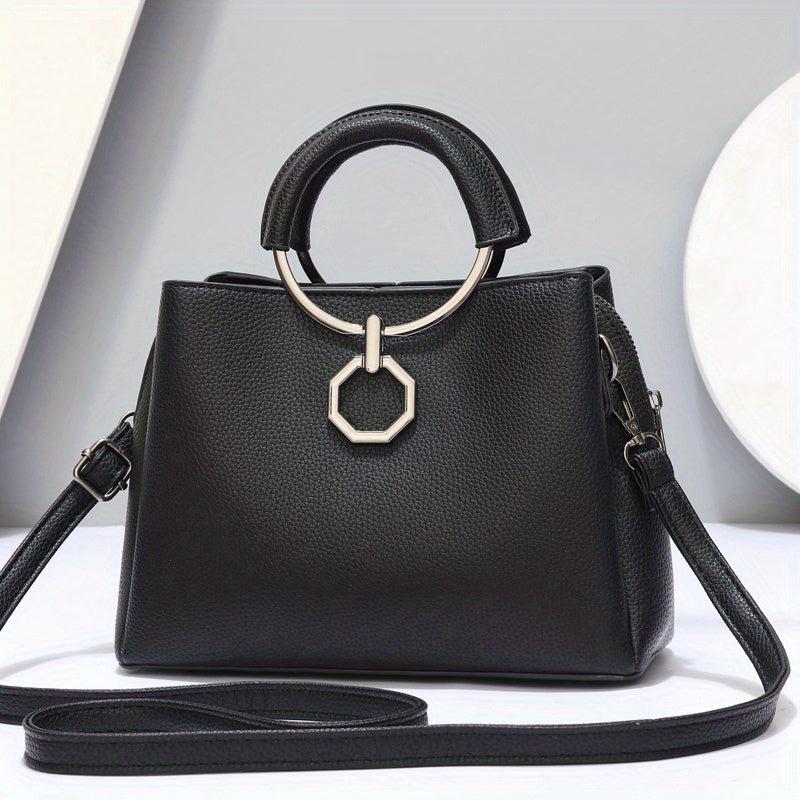 Round Handle Tote Bag PU Crossbody Satchel Purse