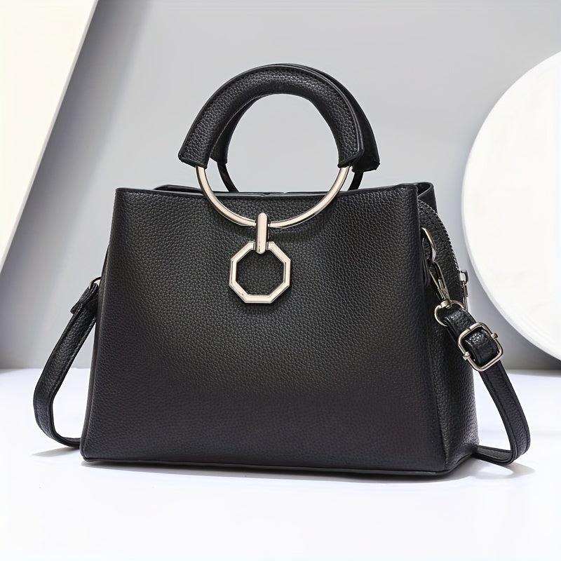 Round Handle Tote Bag PU Crossbody Satchel Purse