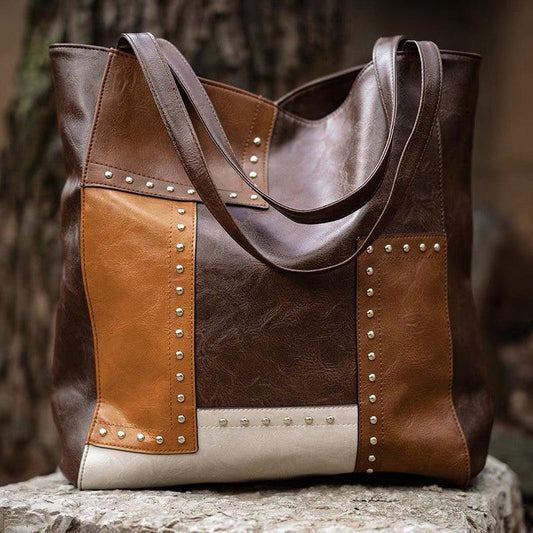 Vintage Patchwork Tote Bag Retro Colorblock Shoulder Bag Handbag