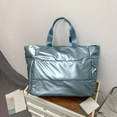 Glitter Soft Puffer Tote Bag with Zipper - Large Capacity Shoulder Bag