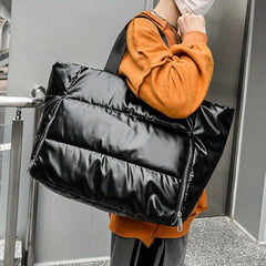Glitter Soft Puffer Tote Bag with Zipper - Large Capacity Shoulder Bag