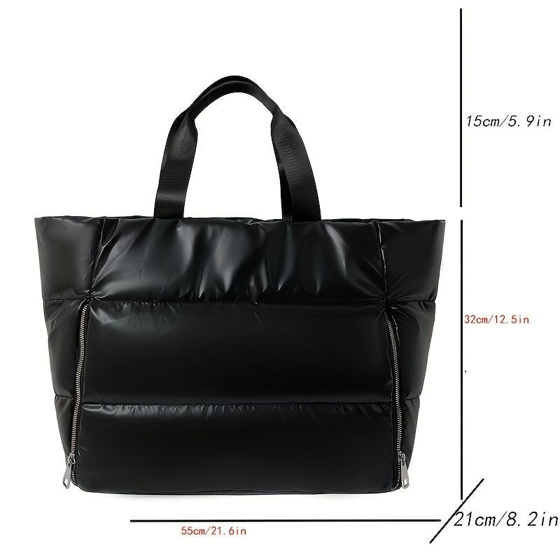 Glitter Soft Puffer Tote Bag with Zipper - Large Capacity Shoulder Bag
