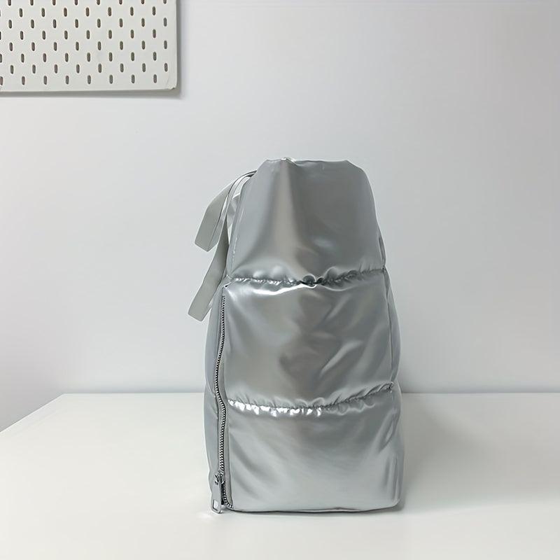 Glitter Soft Puffer Tote Bag with Zipper - Large Capacity Shoulder Bag