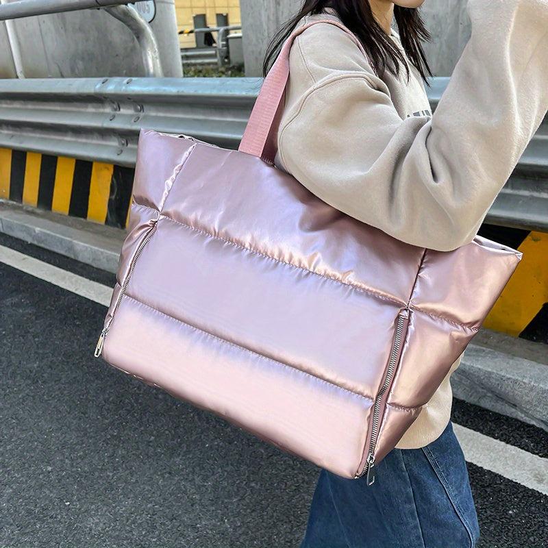 Glitter Soft Puffer Tote Bag with Zipper - Large Capacity Shoulder Bag