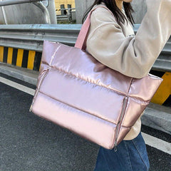 Glitter Soft Puffer Tote Bag with Zipper - Large Capacity Shoulder Bag