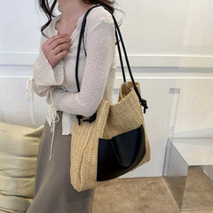 Boho Straw Tote Bag Women Woven Beach Travel Shoulder Bag