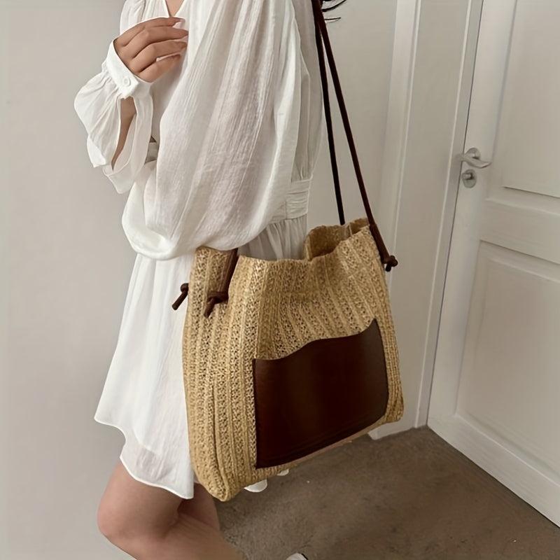 Boho Straw Tote Bag Women Woven Beach Travel Shoulder Bag