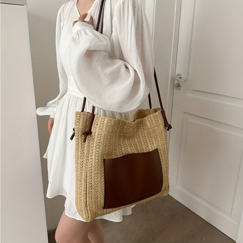 Boho Straw Tote Bag Women Woven Beach Travel Shoulder Bag