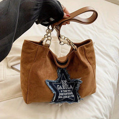 Vintage Star Patch Tote Bag Chain Handbag Y2K Shoulder Bag