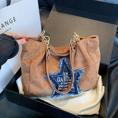 Vintage Star Patch Tote Bag Chain Handbag Y2K Shoulder Bag