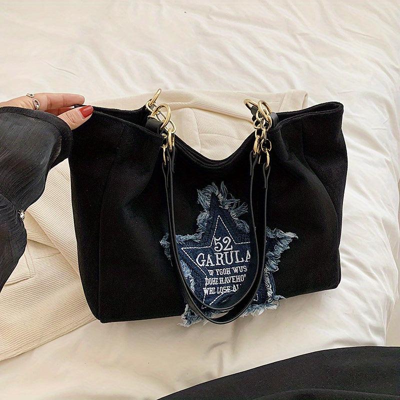 Vintage Star Patch Tote Bag Chain Handbag Y2K Shoulder Bag