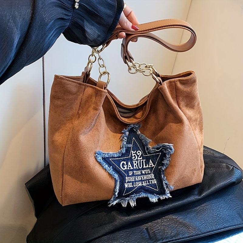 Vintage Star Patch Tote Bag Chain Handbag Y2K Shoulder Bag