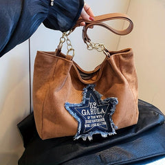 Vintage Star Patch Tote Bag Chain Handbag Y2K Shoulder Bag