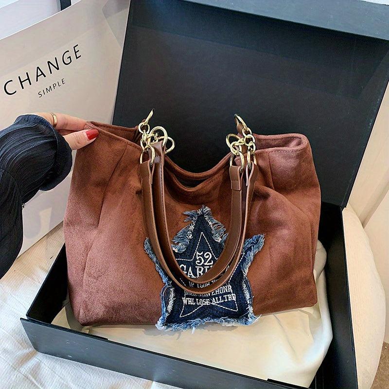 Vintage Star Patch Tote Bag Chain Handbag Y2K Shoulder Bag