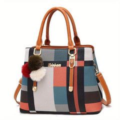 Colorblock Plaid Pattern Tote Bag PU Leather Crossbody Bag Satchel Purse