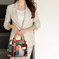 Colorblock Plaid Pattern Tote Bag PU Leather Crossbody Bag Satchel Purse