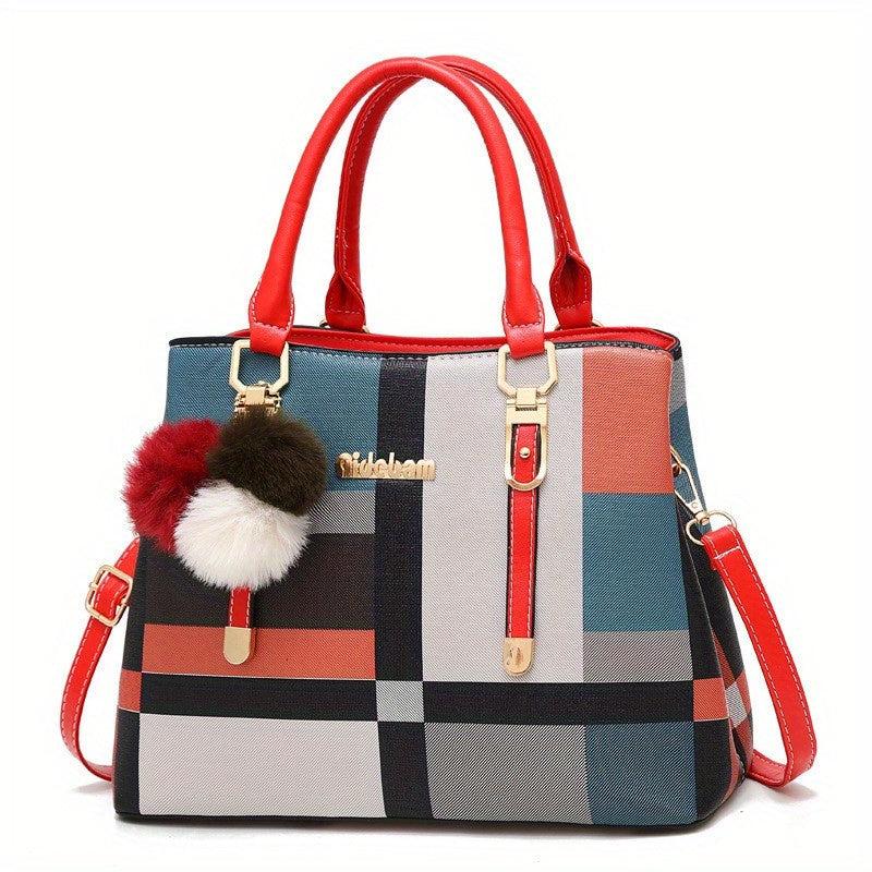 Colorblock Plaid Pattern Tote Bag PU Leather Crossbody Bag Satchel Purse