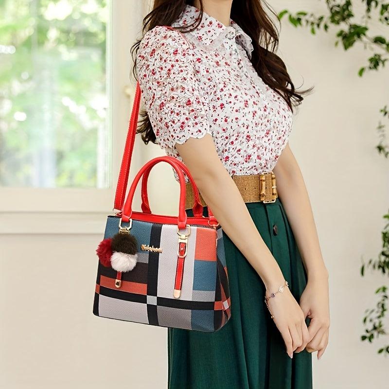 Colorblock Plaid Pattern Tote Bag PU Leather Crossbody Bag Satchel Purse