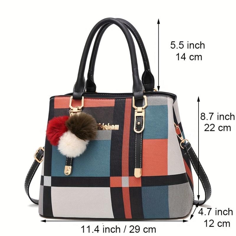 Colorblock Plaid Pattern Tote Bag PU Leather Crossbody Bag Satchel Purse