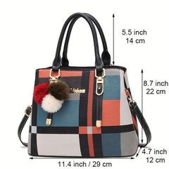 Colorblock Plaid Pattern Tote Bag PU Leather Crossbody Bag Satchel Purse