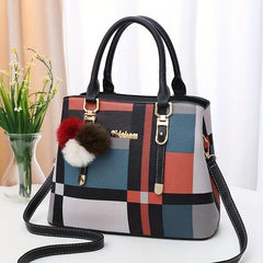 Colorblock Plaid Pattern Tote Bag PU Leather Crossbody Bag Satchel Purse