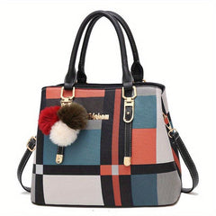 Colorblock Plaid Pattern Tote Bag PU Leather Crossbody Bag Satchel Purse