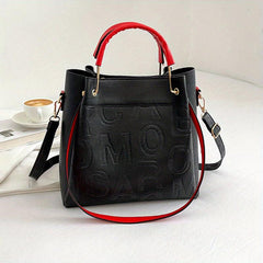 Embossed Letter Tote Satchel Handbag Classic Faux Leather Bag