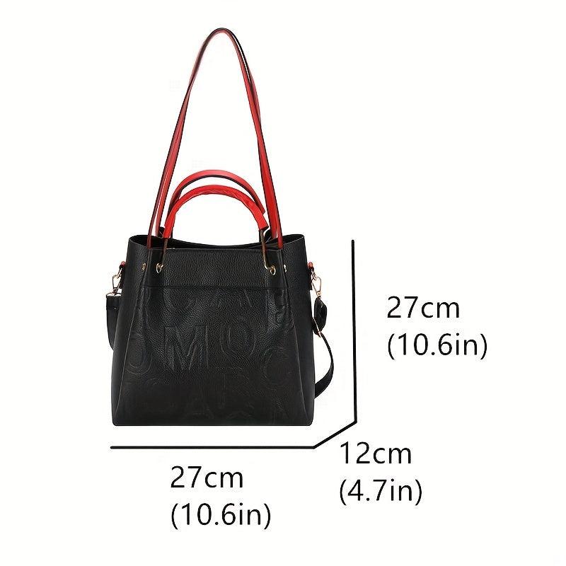 Embossed Letter Tote Satchel Handbag Classic Faux Leather Bag
