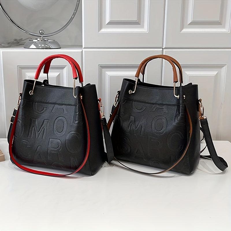 Embossed Letter Tote Satchel Handbag Classic Faux Leather Bag